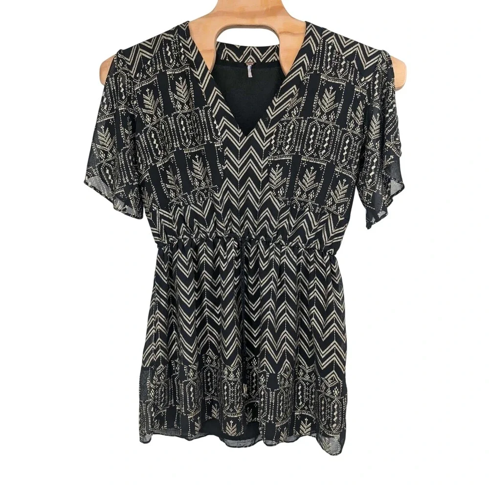 Free‎ People Love My Chaos Mini Dress Black Gold Foil Flutter Sleeve Size S